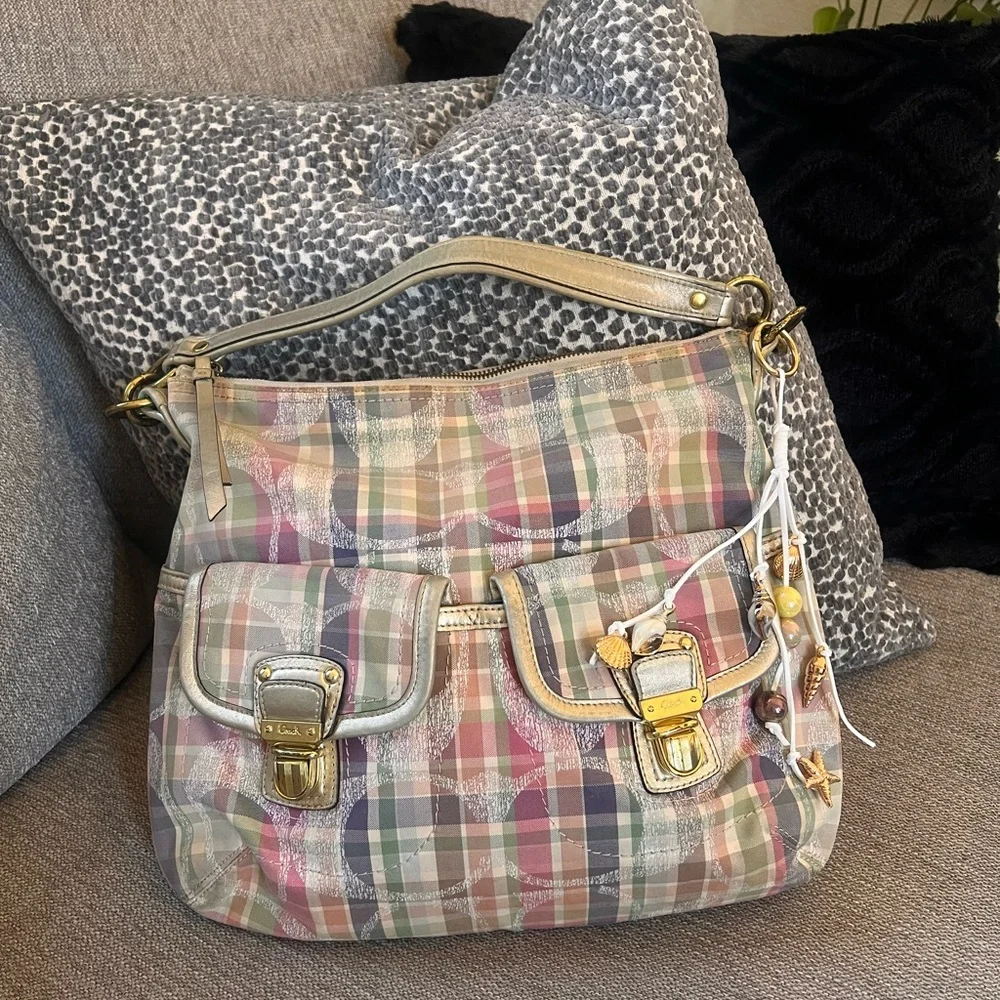 Coach Poppy Madras Tartan Pastel Plaid Hobo Shoulder Bag - Picture 10 of 13